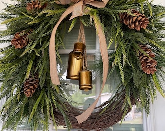 28”x26” Pine Christmas Wreath, Winter Wreath, Farmhouse Wreath, Hanging Cedar Wreath, Hanging Bell Wreath, Large Wreath, Front Door Wreath