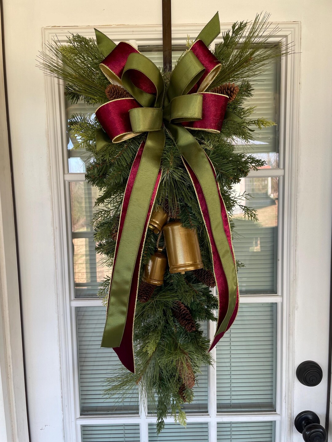 RXMORI Christmas Teardrop Door Swag,Black White Plaid Bow Eucalyptus