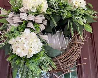 26”x20” Hydrangea Wreath, Everyday Wreath, Spring Wreath, Summer Wreath, Floral Wreath, Greenery Wreath, Front Door Wreath, Farmhouse Wreath