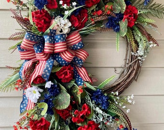 30”x24” Patriotic Summer Wreath, Fourth of July Wreath, Front Door Wreath, Large Wreath, Red White Blue Wreath