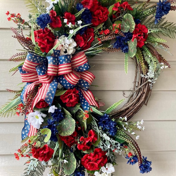 30”x24” Patriotic Summer Wreath, Fourth of July Wreath, Front Door Wreath, Large Wreath, Red White Blue Wreath , hanger not included.