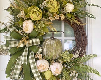 30”x24”Pumpkin Wreath,Fall Wreath,Farmhouse Wreath,Autumn Wreath,Sage Green Wreath,Front Door Wreath, Large Wreath