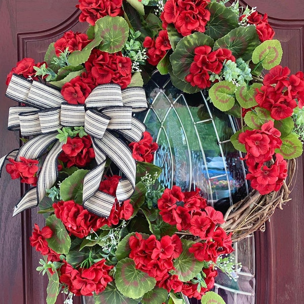 22”x25” red geranium wreath, front door wreath, summer wreath, spring wreath, wall hangings, wedding wreath