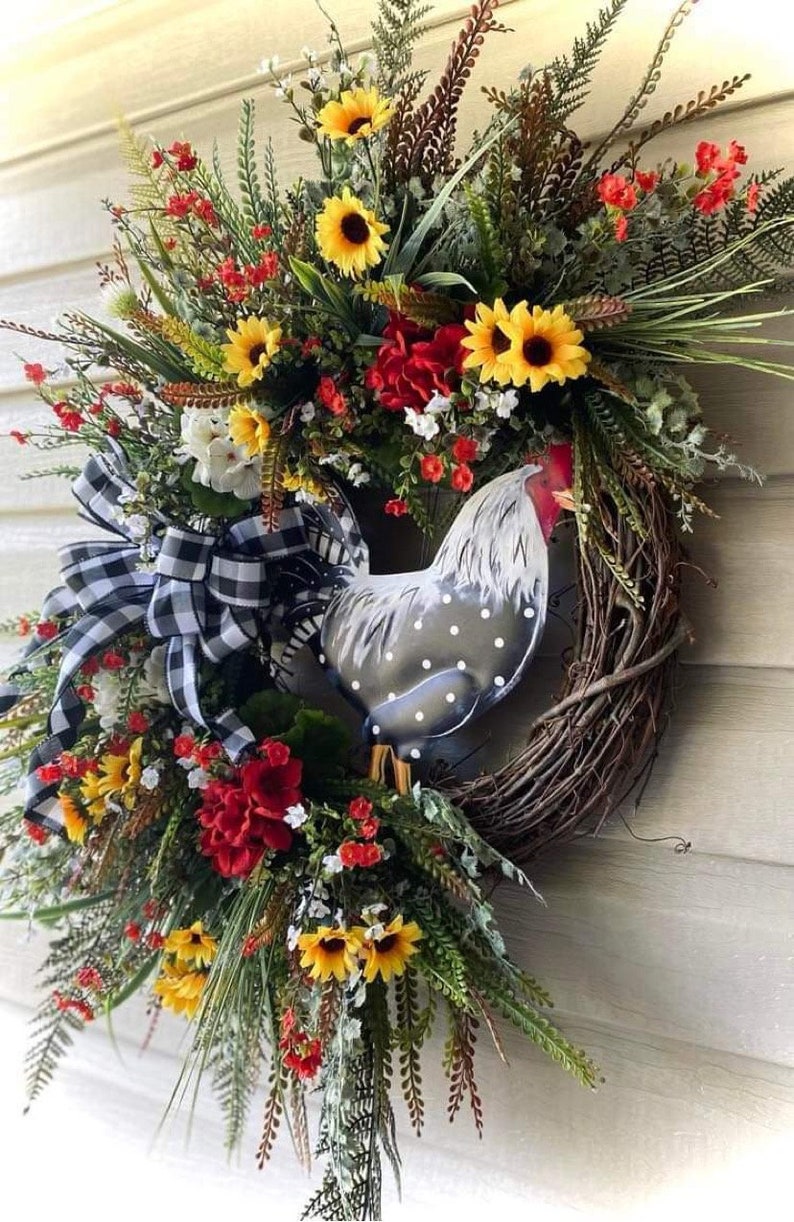 28x25 Chicken Wreath, Farmhouse Wreath, Front Door Wreath, Large Wreath, Summer Wreath, Spring Wreath, Everyday Wreath image 3
