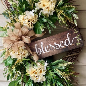 28”x23” Spring Everyday Wreath, Farmhouse Wreath, Everyday Wreath, Front Door Wreath, Large Wreath, Greenery Wreath, Hydrangea Wreath