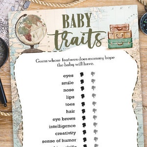 Baby Traits and Features Baby Shower Games Card / Travel Themed/ Gender Neutral / Vintage Map / Around The World
