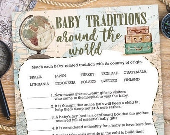 Baby Traditions Baby Shower Games Card / Travel Themed/ Gender Neutral / Vintage Map / Around The World