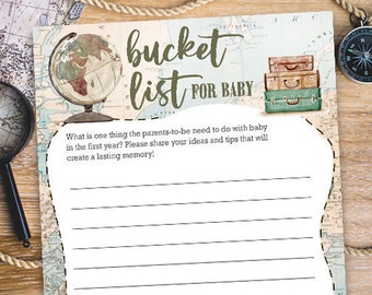 Liste de seau pour bébé / Carte de jeux de baby shower / Thème de voyage / Neutre en matière de genre / carte vintage / Autour du monde