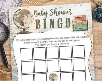 BINGO Baby Shower Games Card / Travel Themed / Gender Neutral / vintage Map / Around The World