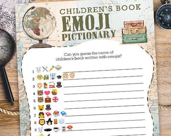 Emoji Pictionary Baby Shower Games Card / Travel Themed/ Gender Neutral / Vintage Map / Around The World