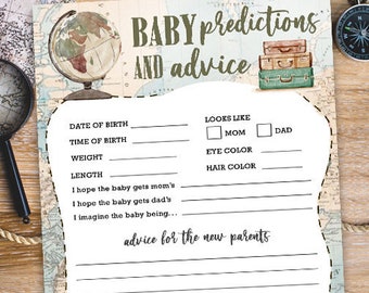 Baby Predictions and Advice for New Parents Baby Shower Games Card / Travel Themed/ Gender Neutral / Vintage Map / Around The World
