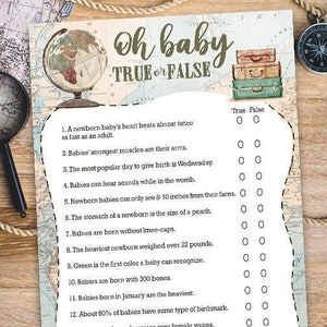 Oh Baby Wahr Oder Falsch Baby Shower Spiele Karte / Reise Themen / Geschlecht Neutral / Vintage Karte / Weltweit