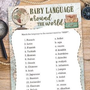 Baby Language Around The World Baby Shower Games Card / Travel Themed/ Gender Neutral / Vintage Map / Around The World
