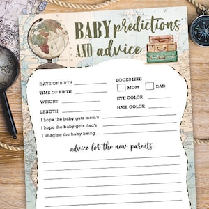Prédictions de bébé et conseils pour les nouveaux parents Baby Shower Games Card / Travel Themed / Gender Neutral / vintage Map / Around The World