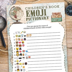 Emoji Pictionary Baby Shower Games Card / Travel Themed/ Gender Neutral / Vintage Map / Around The World