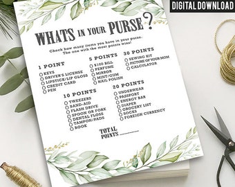 What's In Your Purse Baby Shower Games Card / Greenery / Gender Neutral / Instant Download