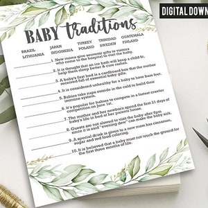 Baby Traditionen rund um die Welt Baby Shower Spiele Karte / Greenery / Gender Neutral / Instant Download