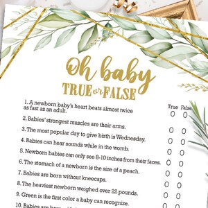 Oh Baby Prawda czy fałsz Karta gier na baby shower / Złote geometryczne liście botaniczne / Zieleń / Natychmiastowe pobieranie