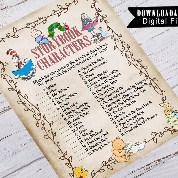 Character Match Baby Shower Games / Storybook /Library / Children's Book / Classic Book Themed