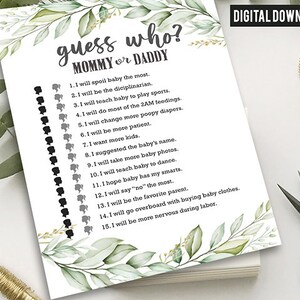 Raad eens wie het zei mama of papa Baby Shower Games Card / Groen / Genderneutraal / Instant Download