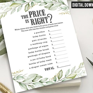 The Price Is Right Baby Shower Games Card / Greenery / Gender Neutral / Instant Download