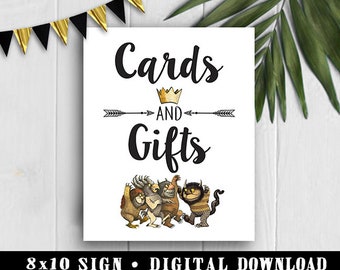 May include: White sign with the words "Cards and Gifts" in black script, a gold crown, and arrow accents. The bottom of the sign features a cartoon illustration of several monsters. The sign reads "8x10 SIGN • DIGITAL DOWNLOAD".