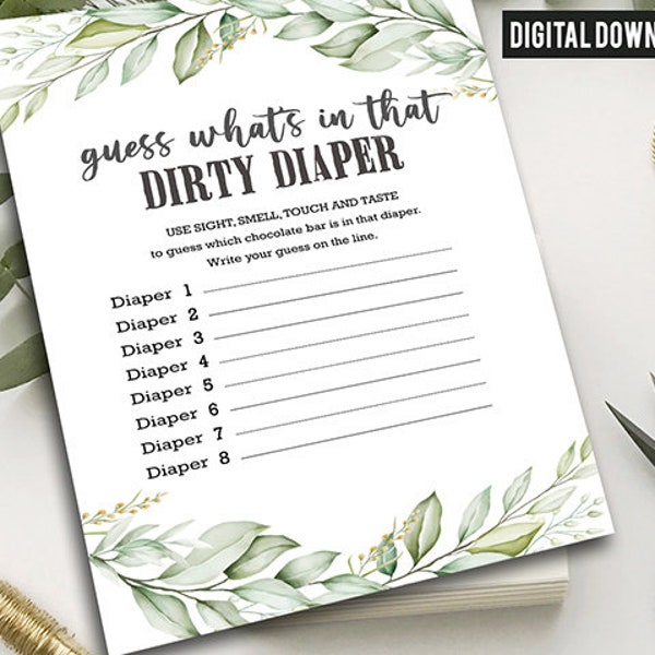 Dirty Diaper Baby Shower Games Card / Greenery / Gender Neutral / Guess the Sweet Mess