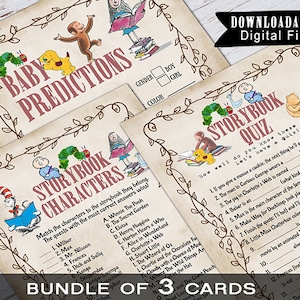 Lot de jeux de baby shower livre d'histoires / correspondance de personnages / quiz de livre d'histoires / prédiction de bébé / thème de la bibliothèque / thème du livre pour enfants