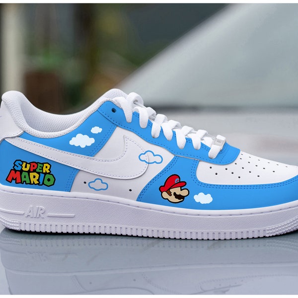 Custom Super Mario Air Force 1 Shoes, HandPainted Game AF1 Sneakers, The Air Force 1, Customize Blue AF1s, Birthday Gift