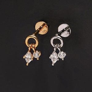 925 silver Internally Threaded Labret Cherry Drop CZ Cubic, Cartilage, Helix, Tragus, Stud, Flat back labret, 18G