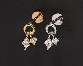 925 silver Internally Threaded Labret Cherry Drop CZ Cubic, Cartilage, Helix, Tragus, Stud, Flat back labret, 18G