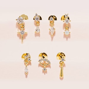 925 silver Internally Threaded Labret Cz Cubic Crystal Drop Collection, Cartilage, Helix, Tragus, Stud, Flat back labret, 18G
