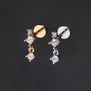 925 silver Internally Threaded Labret Triple Dangle Crystal Internally, Cartilage, Helix, Tragus, Stud, Flat back labret, 18G