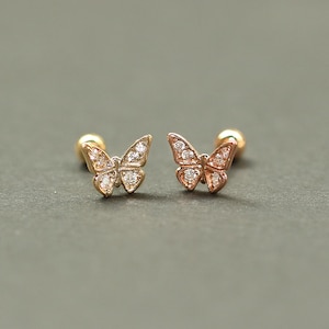 14K Solid Gold Cubic Butterfly Cartilage Helix Inner conch sung tragus Screw Back Earring 20G
