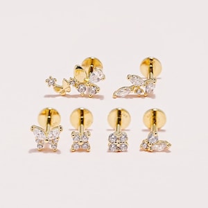 925 silver Internally Threaded Labret Cz Flower & Butterfly Collection, Cartilage, Helix, Tragus, Stud, Flat back labret, 18G