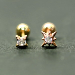 14K Solid Gold Tiny Stars Cartilage Helix Inner conch sung tragus Screw Back Earring 20G