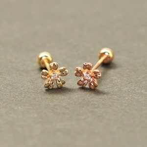 14K Solid Gold Cubic Stamen Flower Cartilage Helix Inner conch sung tragus Screw Back Earring 20G