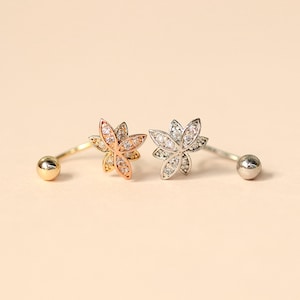 14K Solid Gold Cubic Lotus Flower Curved Bar Cartilage Helix Inner conch sung tragus Screw Back Earring 20G