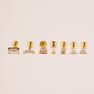 925 silver Internally Threaded Labret Cz Triangle Square, Cartilage, Helix, Tragus, Stud, Flat back labret, 18G