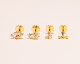 925 silver Internally Threaded Labret Tiny Cubic, Cartilage, Helix, Tragus, Stud, Flat back labret, 18G