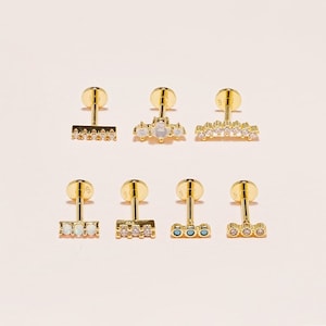 925 silver Internally Threaded Labret Cz Line Stick Collection, Cartilage, Helix, Tragus, Stud, Flat back labret, 18G