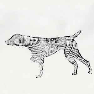 May include: Black and white silhouette of a dog, created with a wood grain pattern.