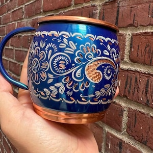 Handgemaakte koperen mok, puur blauw koper, jubileumcadeau voor haar