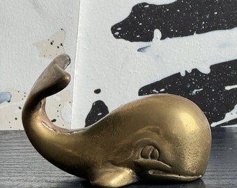 Vintage small sturdy brass whale - figurine- paperweight- aged