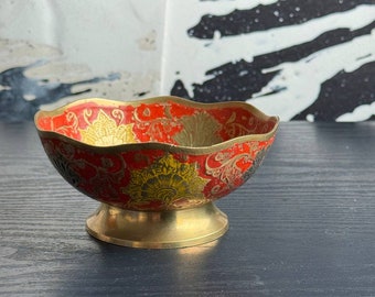 Vintage brass footed catch-all bowl with peacock decor | Small decorative cloisonne trinket dish made in India