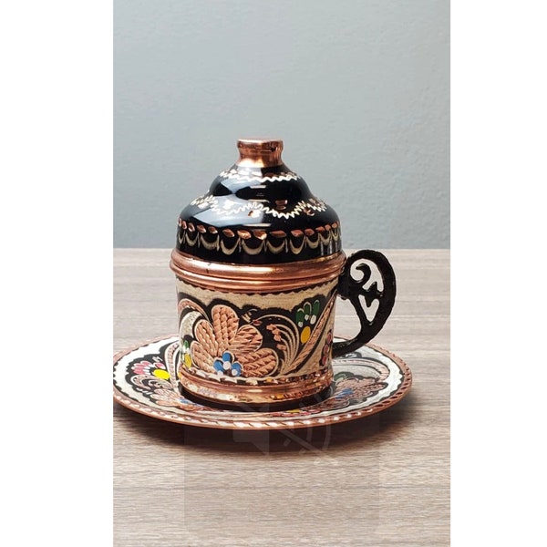 espresso cup Turkish, Arabic Coffee Cup with Saucer and Lid, handmade copper cup