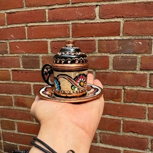 7 years anniversary gift Handmade Copper Espresso Cup - Turkish/Arabic Coffee Cup with Saucer and Lid