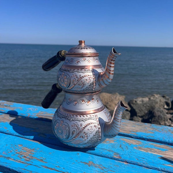 Copper Turkish TeaPot Tea Kettle Pots Set for Stove Top Decorative Vintage Antique Floral Teapot Kettle