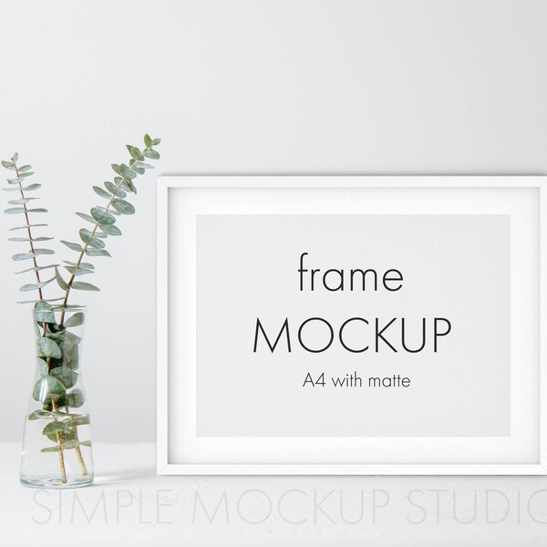 Frame Mockup White, Landscape Frame Mock up, Horizontal Mockup Frame, Poster Mockup, Thin White Frame Mockup with Mat, Mockups A4 Ratio