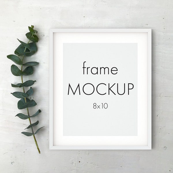 8x10 Frame Mockup, 8x10 Mockup with Mat, White Frame Mockup, Eucalyptus, Minimal Frame Mockup, Art Print Mockup, 8x10 inches, 40X50 cm